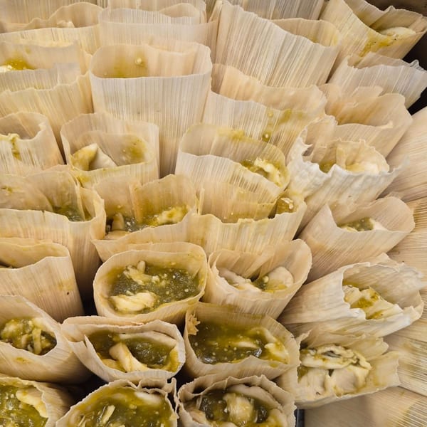 Close-up of many freshly prepared tamales with green salsa and chicken filling, wrapped in corn husks.